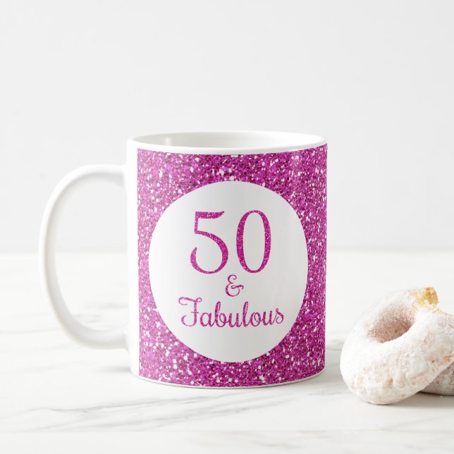 50 & Fabulous Birthday Pink Glitter Coffee Mug (With Donut)