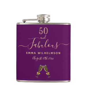 50 fabulous birthday purple gold monogram script hip flask