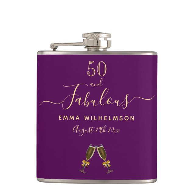 50 fabulous birthday purple gold monogram script hip flask (Front)