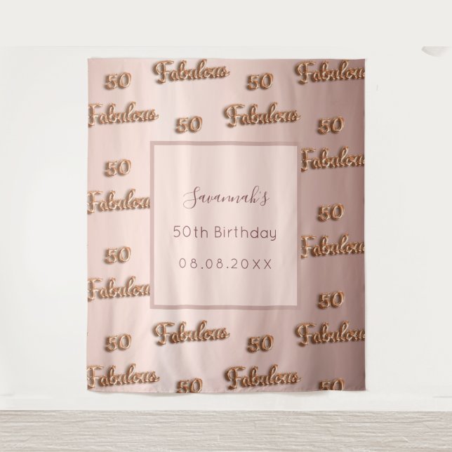 50 fabulous birthday rose gold blush name tapestry (Front)