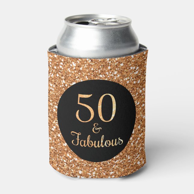 50 & Fabulous Birthday Sparkly Gold Glitter Black Can Cooler (Can Front)