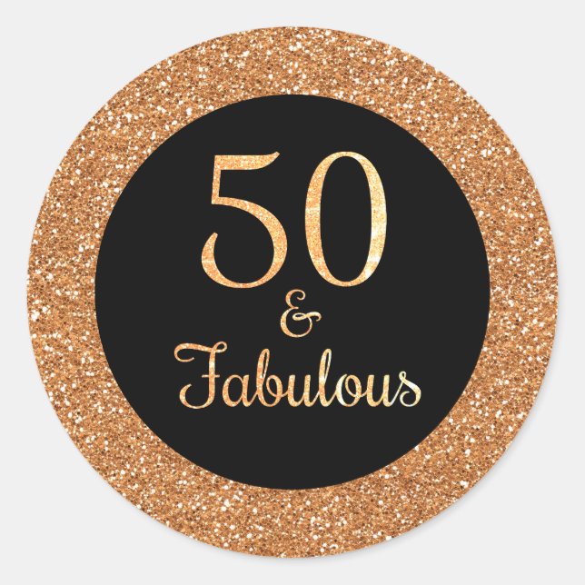50 & Fabulous Birthday Sparkly Gold Glitter Black Classic Round Sticker (Front)