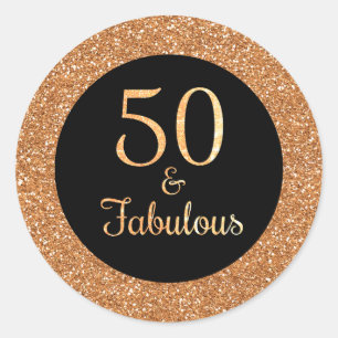 50 & Fabulous Birthday Sparkly Gold Glitter Black Classic Round Sticker