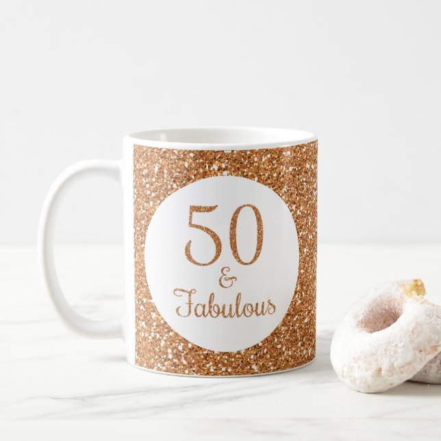 50 & Fabulous Birthday Sparkly Gold Glitter Coffee Mug (With Donut)