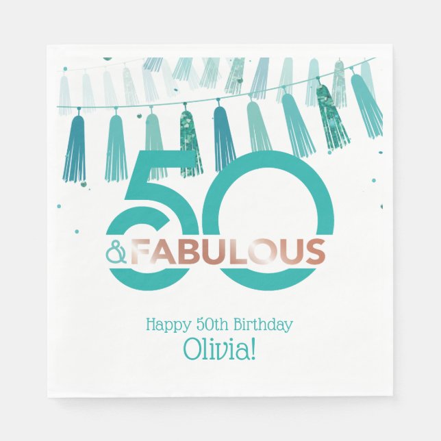50 Fabulous Birthday Teal Rose Gold Stylish Party Napkin (Front)
