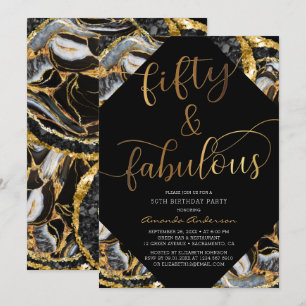 50 & Fabulous Black And Gold 50th Birthday Party Invitation