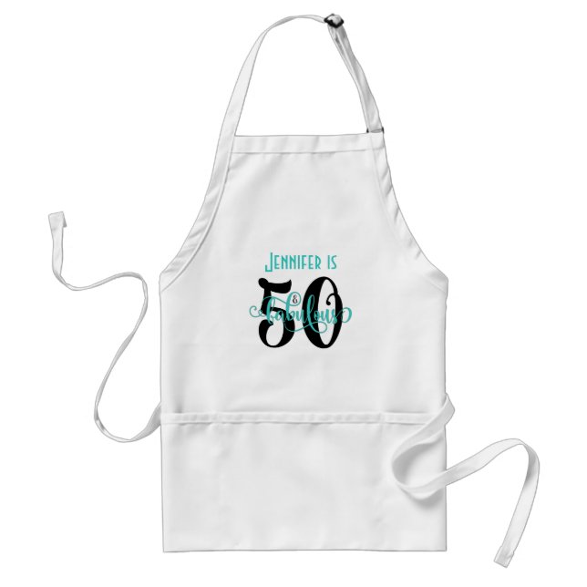 50 & Fabulous Black & Aqua 2 Typography Birthday Standard Apron (Front)