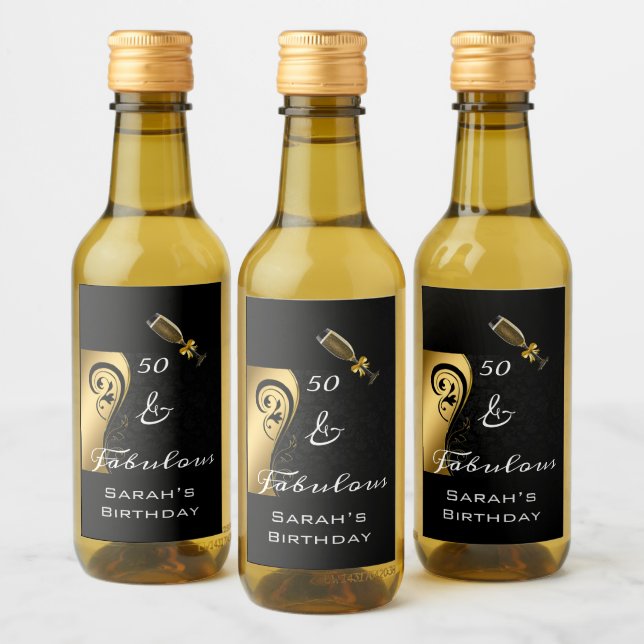 50 & Fabulous Black Gold Birthday Mini Bottle  Wine Label (Bottles)