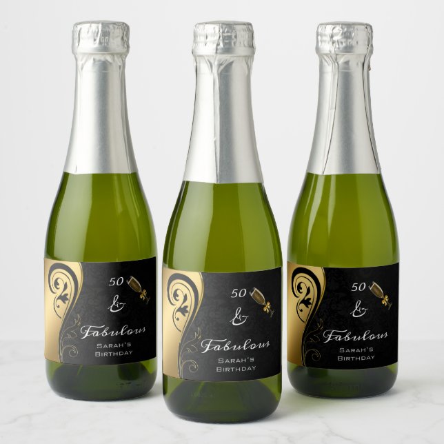 50 & Fabulous Black Gold Birthday Mini Sparkling W Wine Label (Bottles)