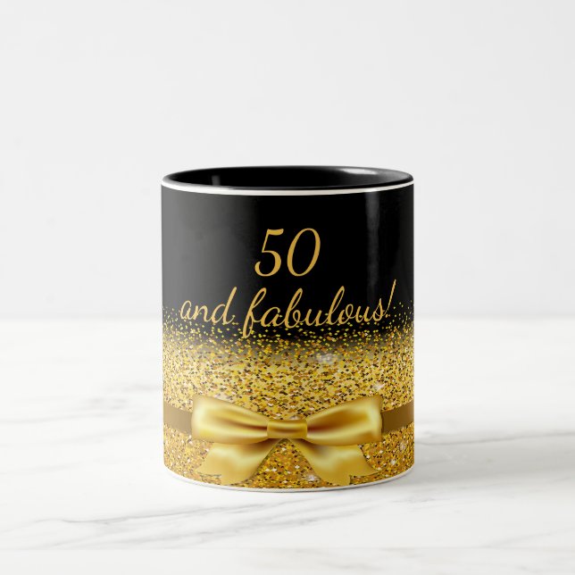 50 fabulous  black gold bow birthday Two-Tone coffee mug (Center)