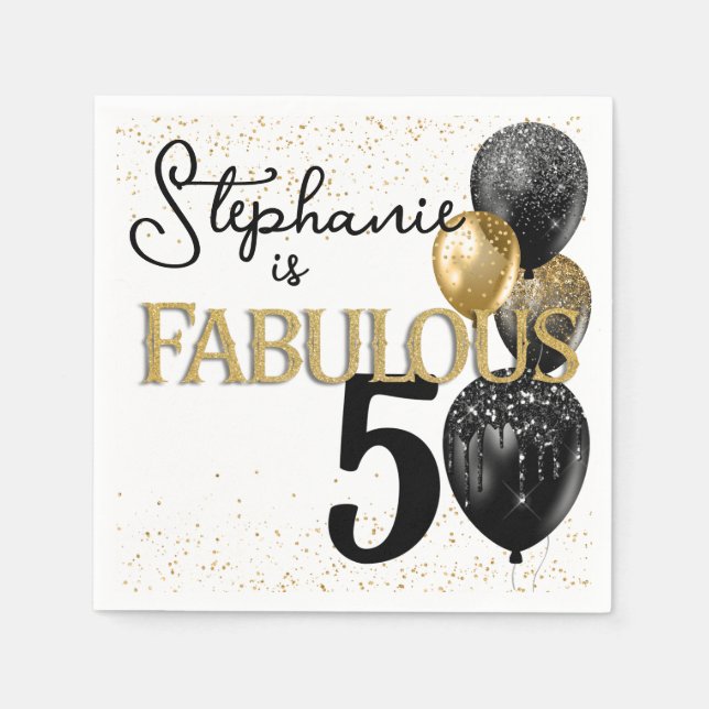 50 & Fabulous Black Gold Glam Birthday Napkin (Front)