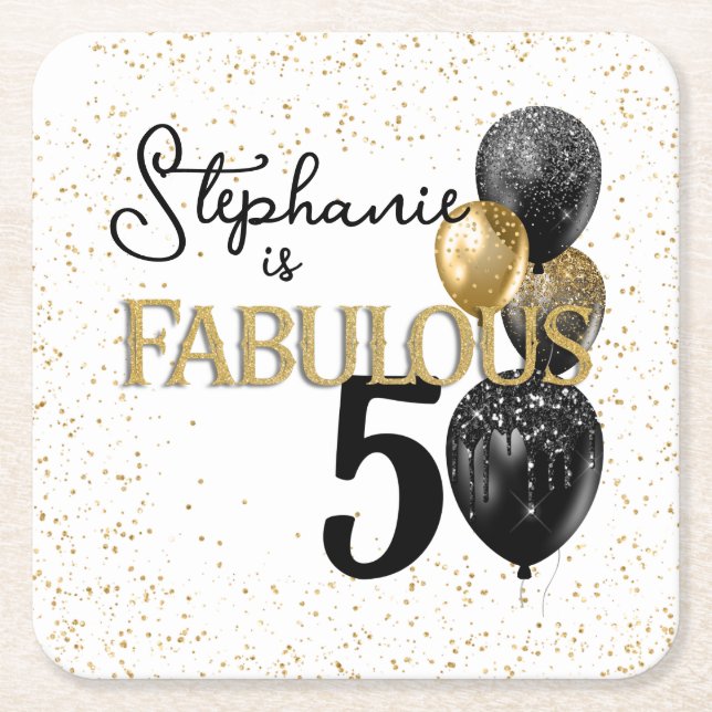 50 & Fabulous Black Gold Glam Paper Coaster (Front)