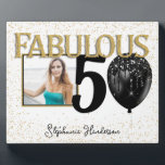 50 & Fabulous Black Gold Glam Photo Plaque<br><div class="desc">Celebrate the fiftieth birthday milestone with this elegant and glamourous black and gold birthday table top plaque. Adorned with a glitter balloon in black and a sprinkle of gold glitter. Personalize it with the birthday person's name and special high resolution photo. Matching plates, napkins, and other pieces are available as...</div>