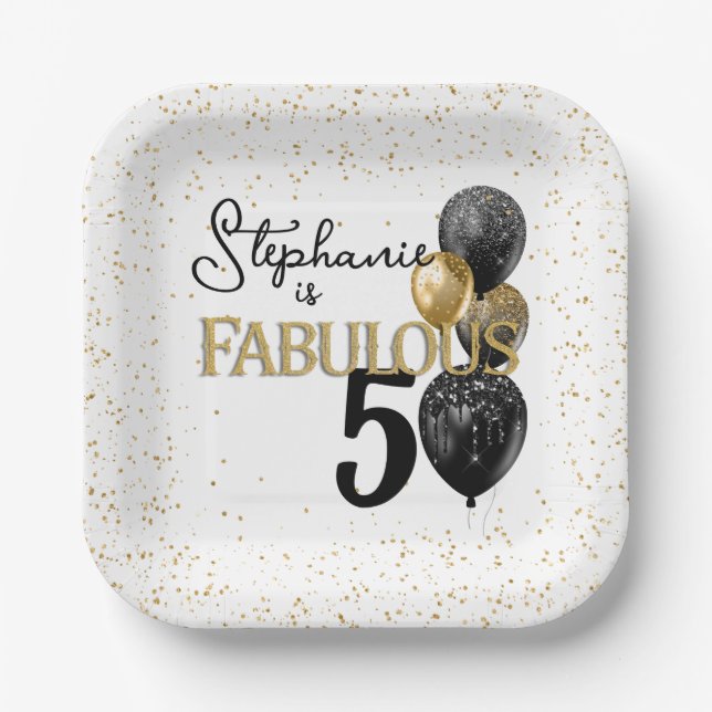 50 & Fabulous Black Gold Glam Square Paper Plate (Front)