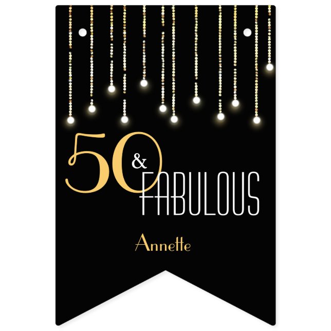 50 & Fabulous Black Gold Lights Glamourous Elegant Bunting Flags (First Flag)