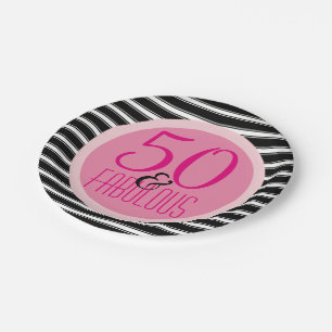 50 Fabulous Black Hot Pink   Woman's 50th Birthday Paper Plate