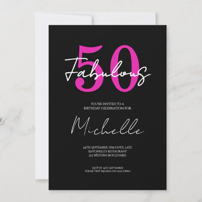 50 Fabulous Black Pink Birthday Invitation (Front)