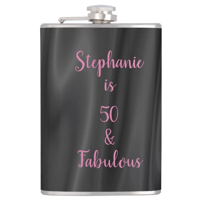 50 & Fabulous Black & Pink Elegant Satin Look Hip Flask (Front)