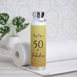 50 & Fabulous Black Script Faux Gold Foil Texture Water Bottle