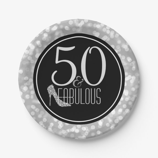 50 & Fabulous | Black Silver 50th Birthday Party Paper Plate (Front)