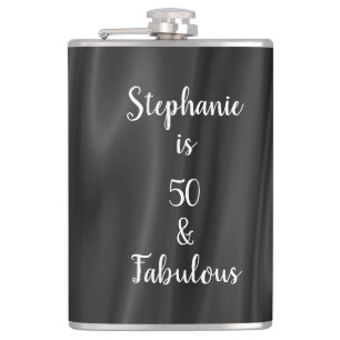 50 & Fabulous Black & White Elegant Satin Look Hip Flask