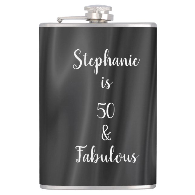 50 & Fabulous Black & White Elegant Satin Look Hip Flask (Front)