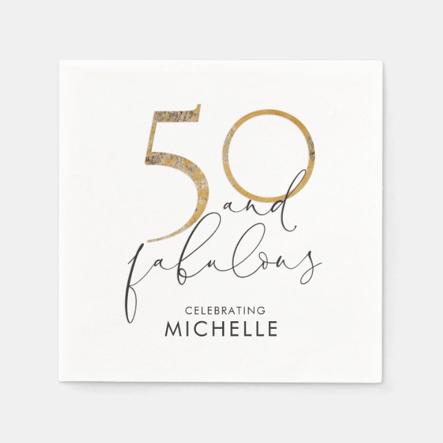 50 & Fabulous Black White Gold Personalized Napkin (Front)