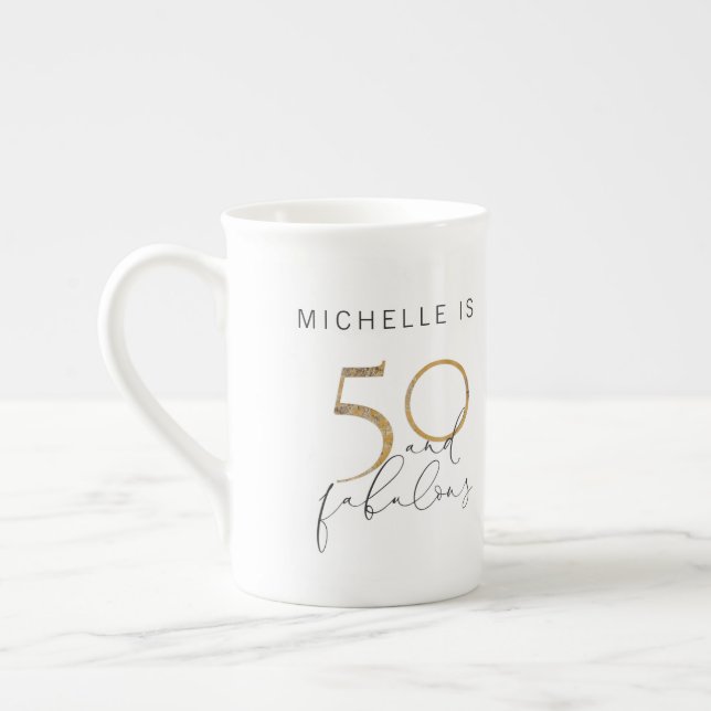 50 & Fabulous Black & White Name 50th Birthday Bone China Mug (Left)