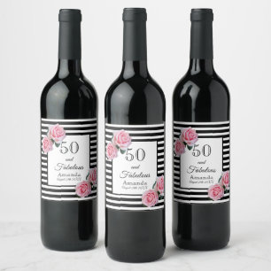 50 fabulous black white stripes pink flowers wine label