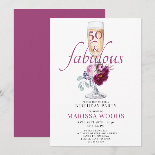 50 Fabulous Champagne Floral Birthday Invitation (Front/Back)