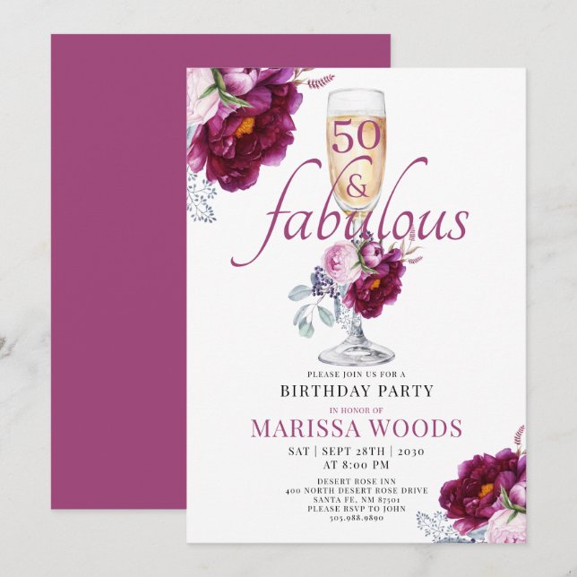 50 Fabulous Champagne Floral Birthday Invitation (Front/Back)