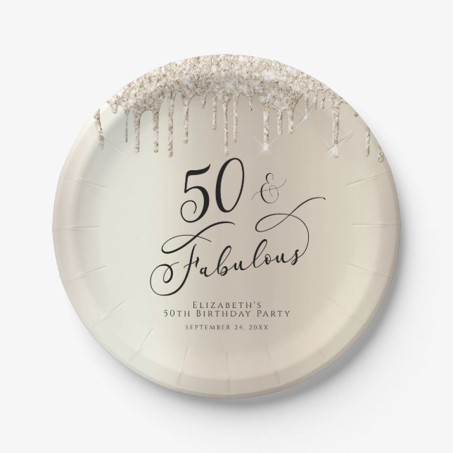 50 Fabulous Champagne Gold Glitter Personalized Paper Plate (Front)