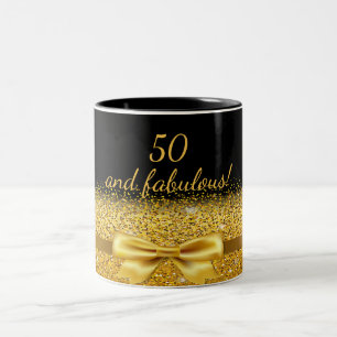 50 fabulous Chic golden bow with sparkle on black Two-Tone Coffee Mug