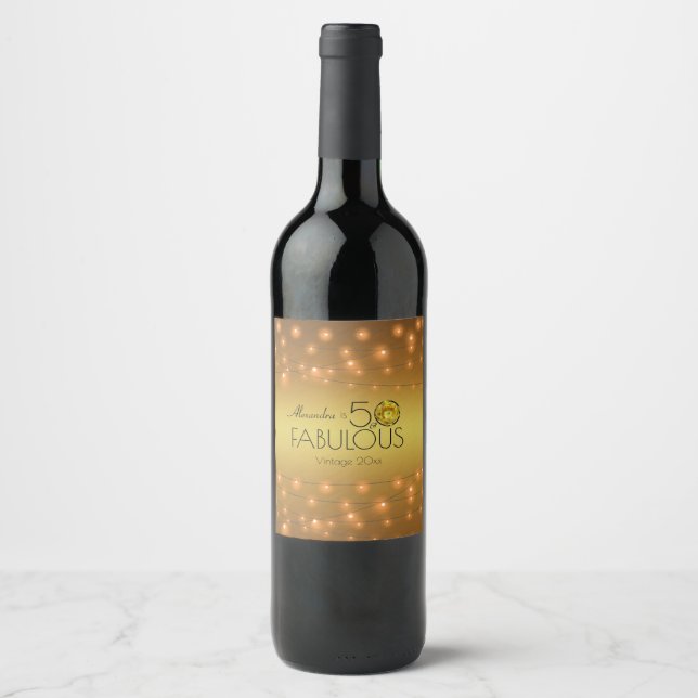 50 & Fabulous Copper Lights On Gold Yellow Cactus Wine Label (Front)