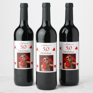 50 & Fabulous Custom Photo Name Red 50th Birthday Wine Label