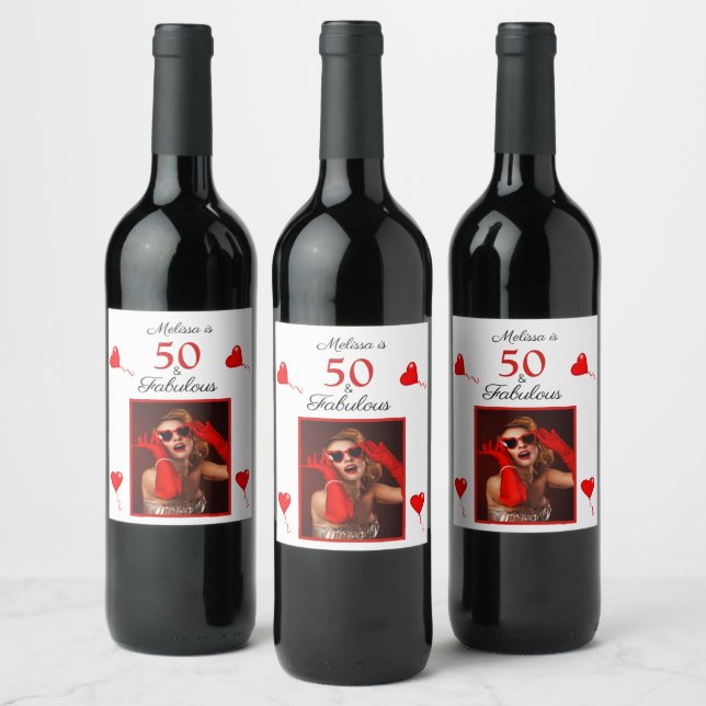 50 & Fabulous Custom Photo Name Red 50th Birthday Wine Label (Bottles)