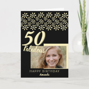 50 & Fabulous Daisy Flower Watercolor Black Photo Card