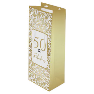 50 & Fabulous Decorative Gold Floral Swirl Pattern Wine Gift Bag