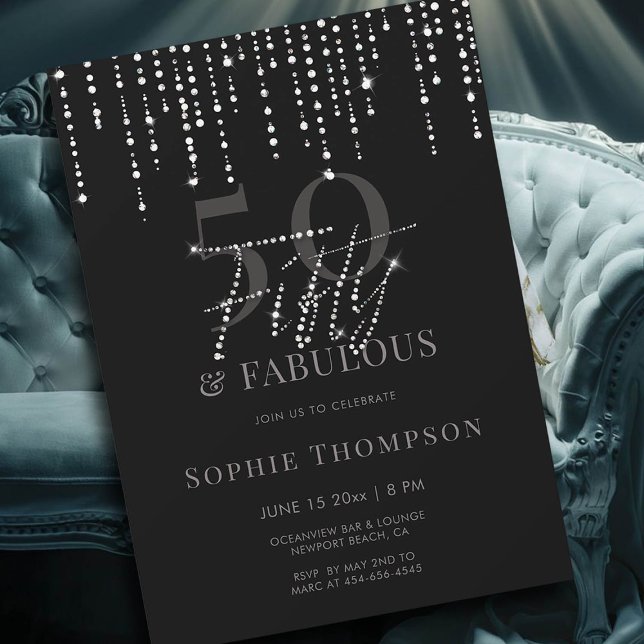 50 Fabulous Dripping Glitter Black 50th Birthday Invitation (50 and fabulous simple modern black minimalist 50th birthday invitation fifty fiftieth womans party)