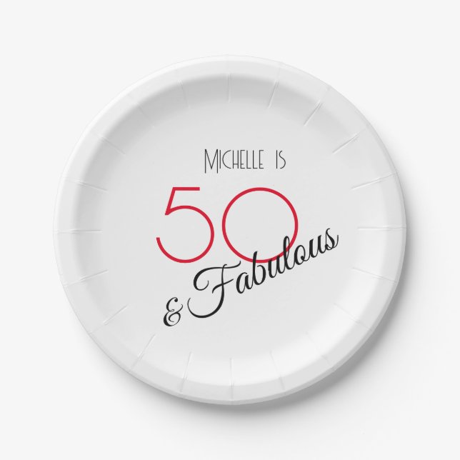 50 & Fabulous Elegant Hot Red and Black Retro Paper Plate (Front)