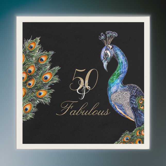 50 & Fabulous Elegant Watercolor Peacock Birthday Napkin (Creator Uploaded)