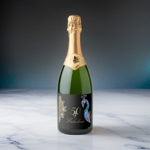 50 & Fabulous Elegant Watercolor Peacock Birthday Sparkling Wine Label