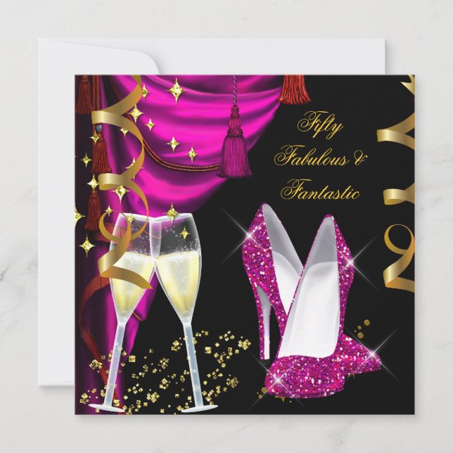 50 Fabulous & Fantastic Pink Champagne Party Invitation (Front)
