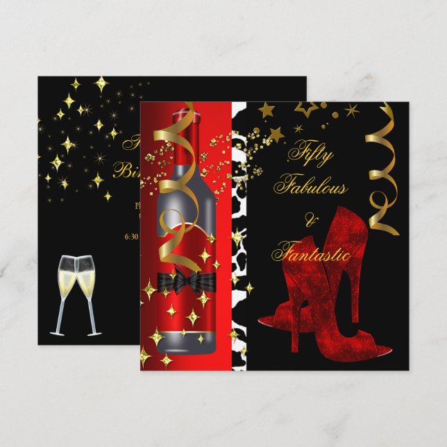 50 & Fabulous Fantastic Red Black Gold Birthday Invitation (Front/Back)