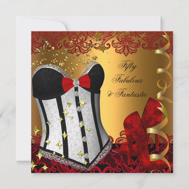 50 & Fabulous Fantastic Red Black Gold Birthday Invitation (Front)