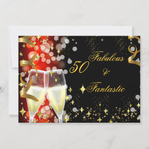 50 & Fabulous Fantastic Red Gold Champagne Party Invitation