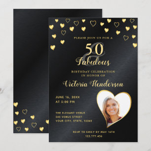 50 & Fabulous Faux Black Metallic & Gold Birthday Invitation