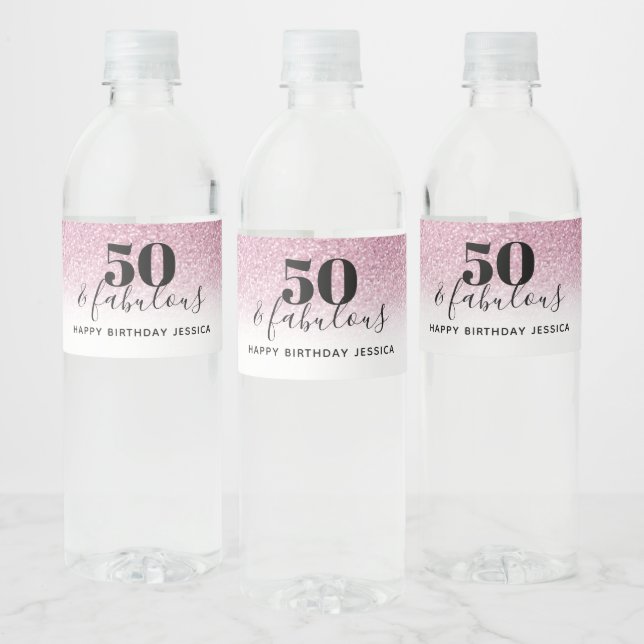 50 & Fabulous Faux Hot Pink Glitter Birthday  Water Bottle Label (Bottles)