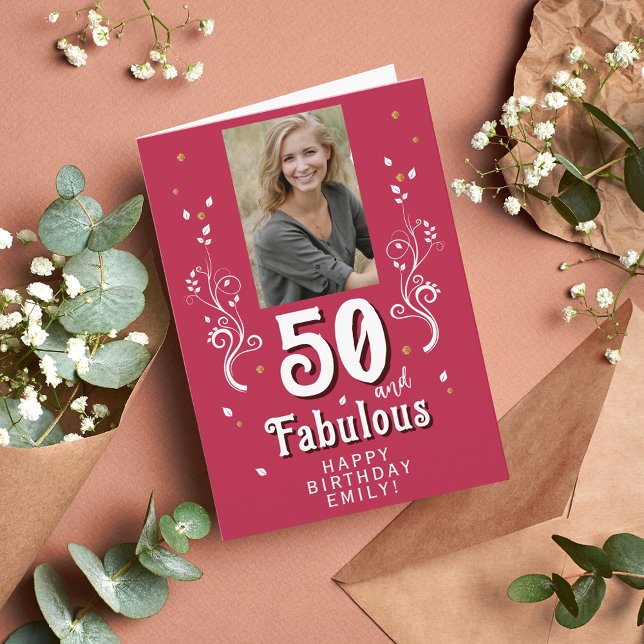 50 & Fabulous Foliage Magent 50th Birthday Photo Card (Creator Uploaded)