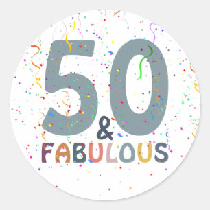 50 & Fabulous Fun Confetti Blue Trendy Typography Classic Round Sticker